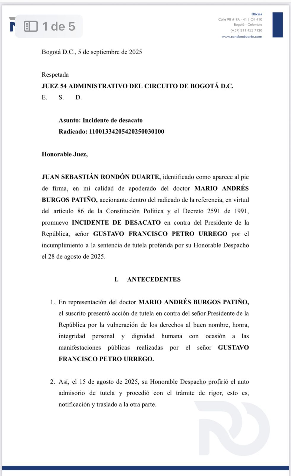 Petición de arresto a Gustavo Petro por desacato