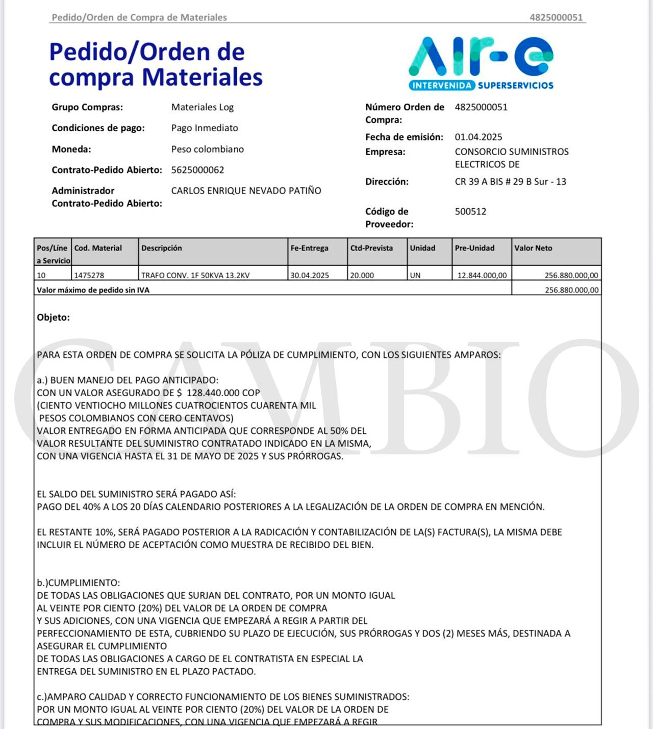 Orden de compra de Air-e