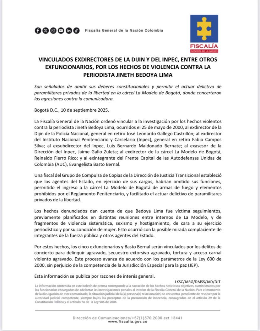 Comunicado Fiscalía caso Jineth Bedoya