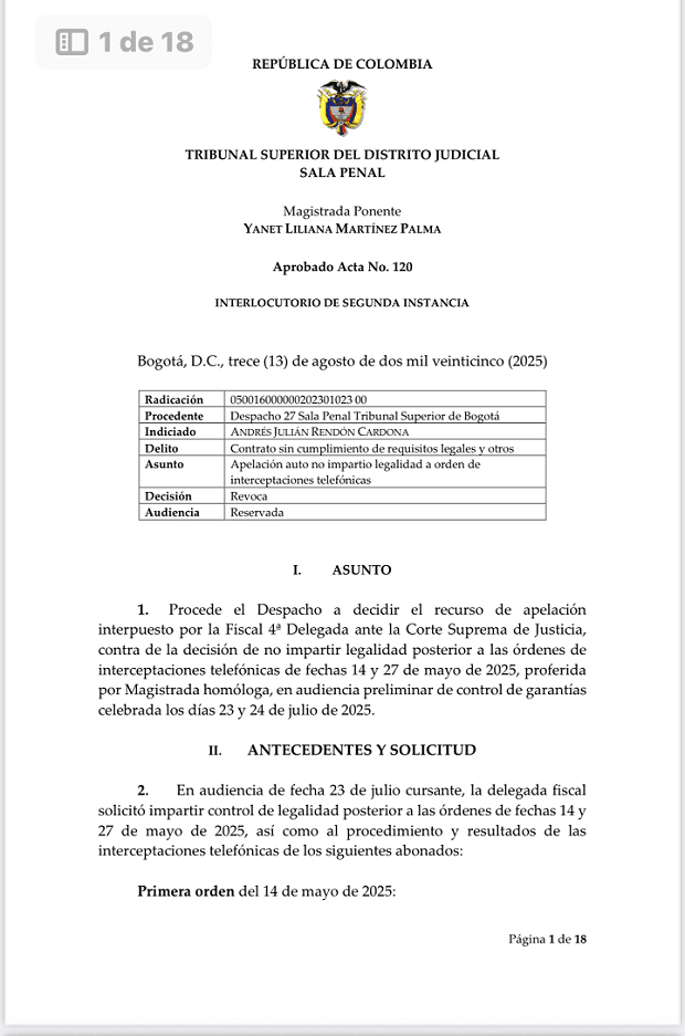 Revocación de ilegalidad de las interceptaciones a Rendón