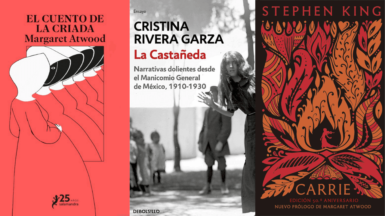 Libros de Margaret Atwood, Cristina Rivera Garza y Stephen King.
