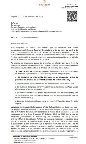 Carta del Ministerio de Educación a la UPC