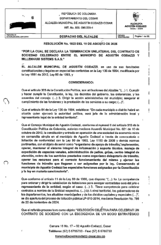 Docuemento de terminación del contrato expedida por la Alcaldía de Codazzi.