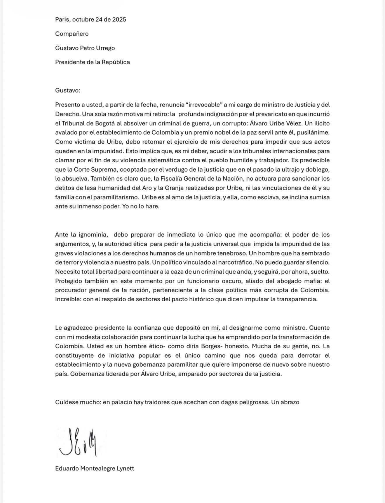 Carta de renuncia de Eduardo Montealegre