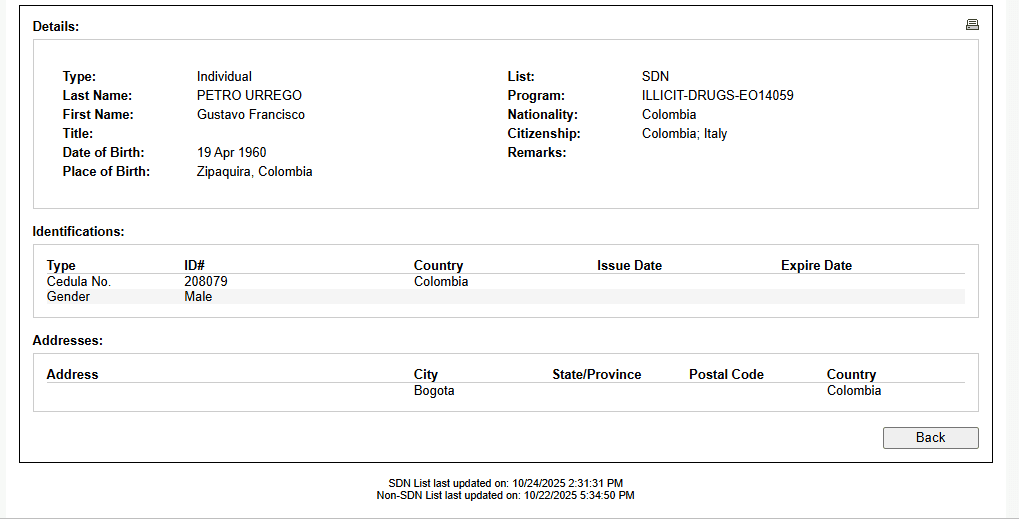 Presidente Petro en la lista Clinton