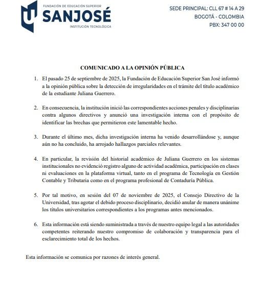 Comunicado de la San José sobre Juliana Guerrero