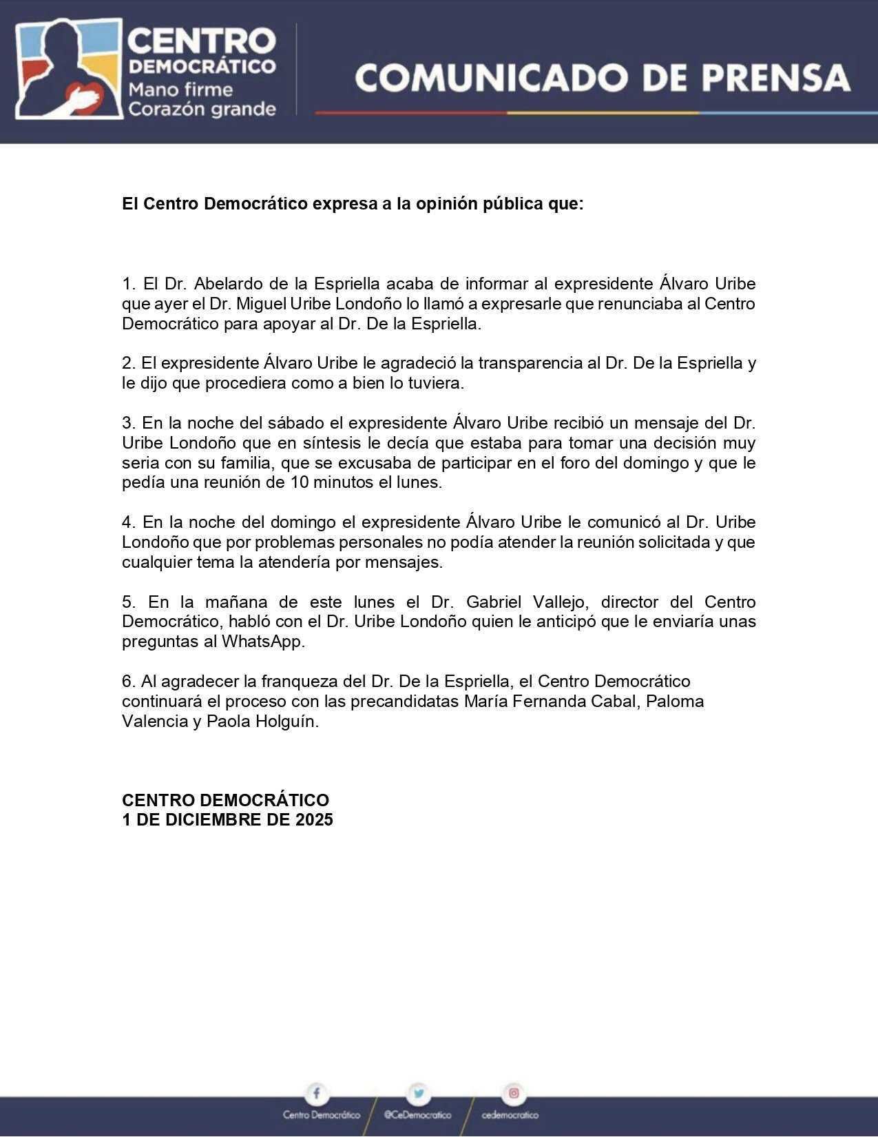 Comunicado Centro Democrático Miguel Uribe Londoño