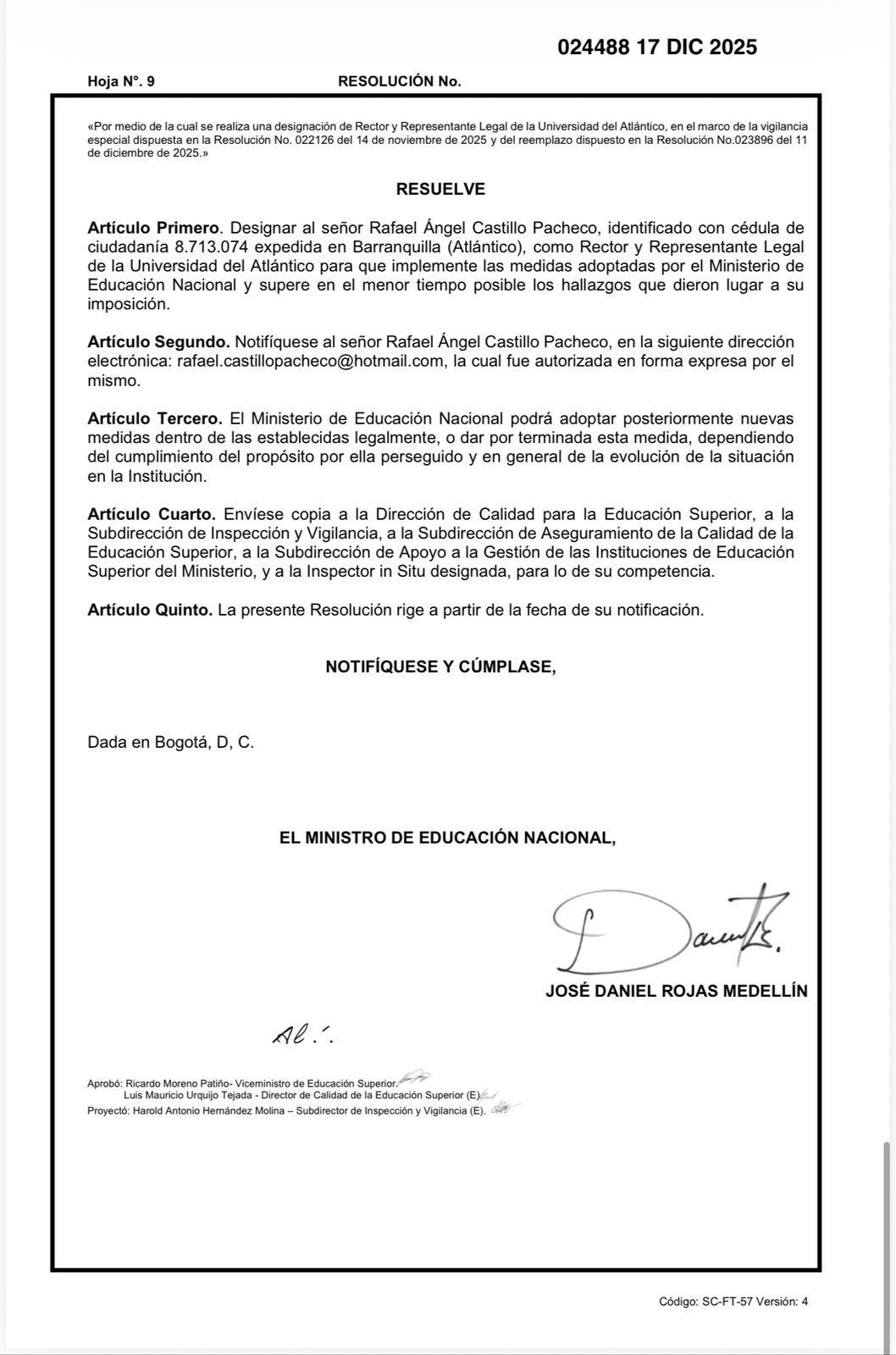 Resolución MEN de designación de Rafael Pacheco en la Uniatlántico.