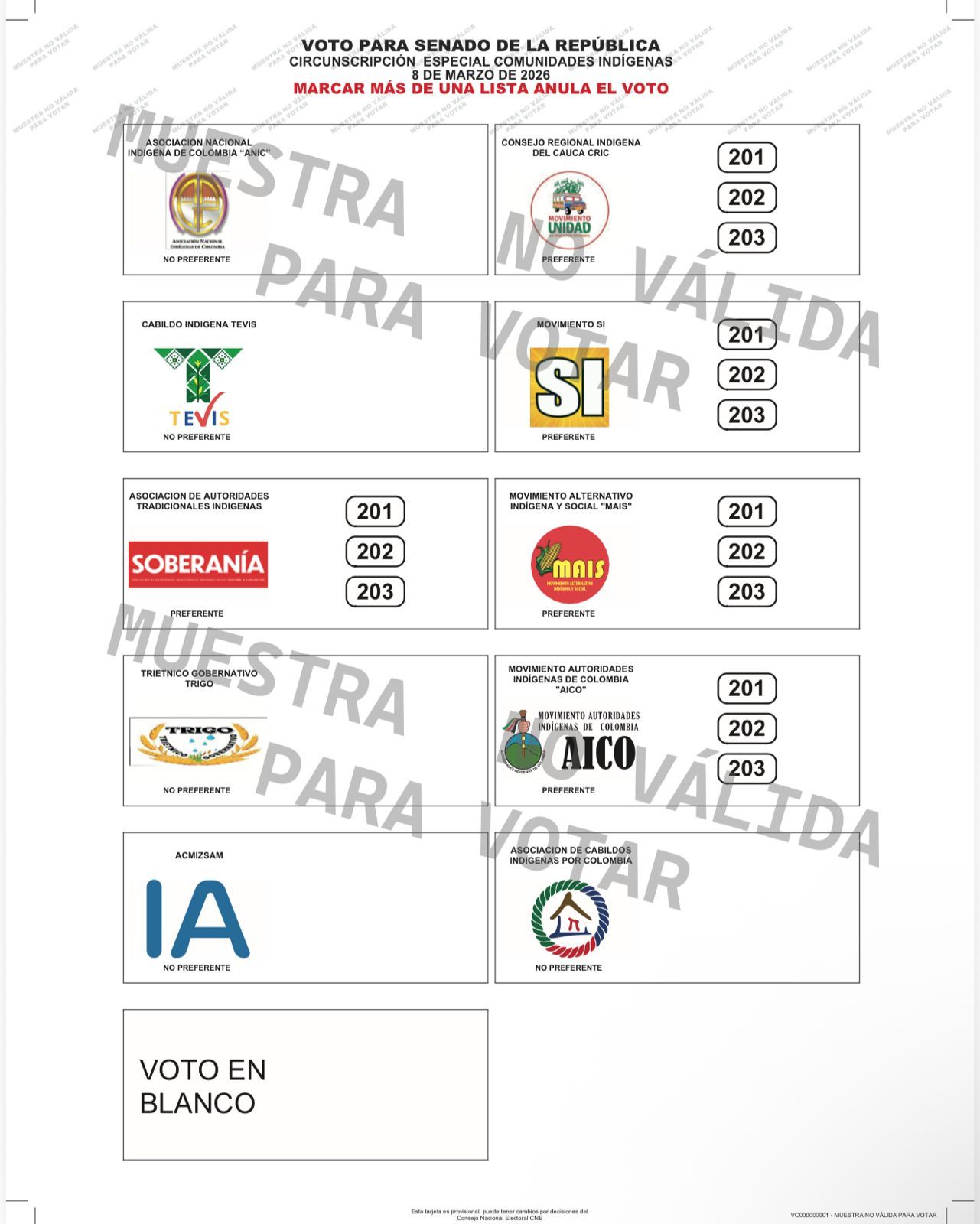 Senado por la circunscripción indígena, así como para la Cámara de Representantes