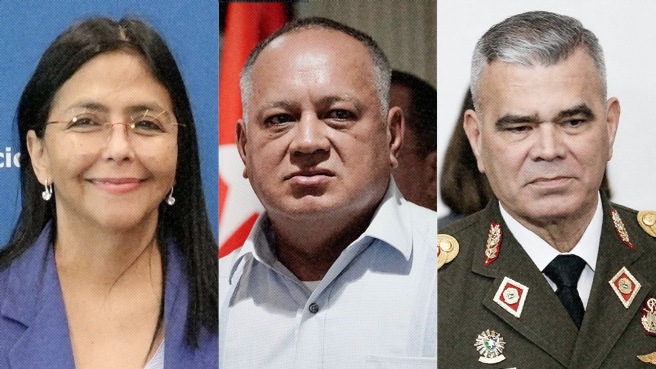 La presidenta Delcy Rodríguez; el ministro del Interior, Diosdado Cabello; y el ministro de Defensa, Vladimir Padrino López. Fotos: Reuters / Colprensa.