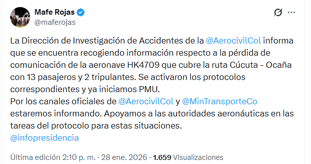 Trino ministra de Transporte sobre avioneta desaparecida