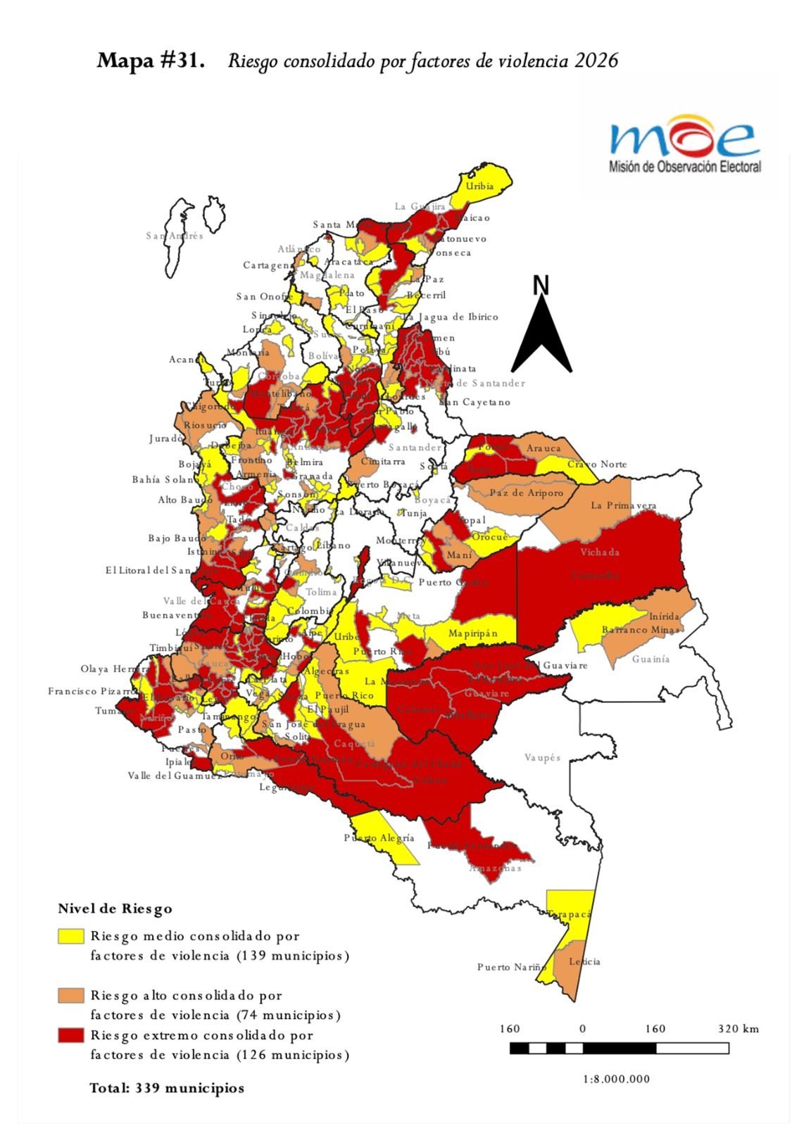 Departamentos de la geografía nacional con factores de riesgo de violencia, según información recogida por la MOE.