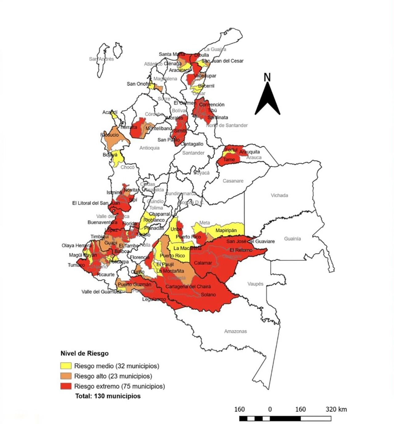 Mapa de Colombia con los factores de riesgo para las Circunscripciones Transitorias Especiales de Paz (CITREP), conformadas por 168 municipios, según la MOE.