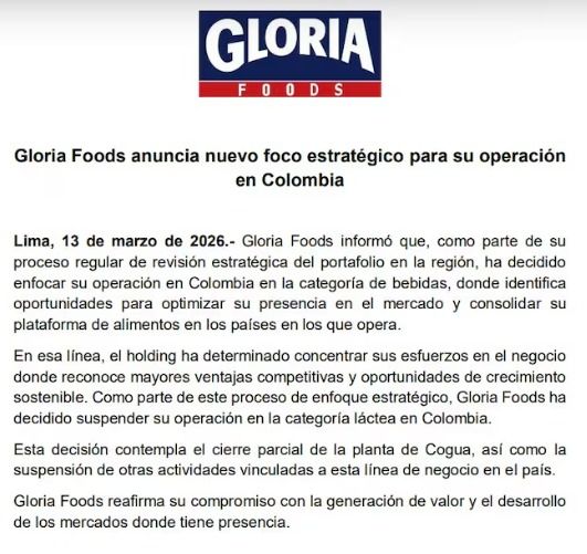 Comunicado de Gloria Foods