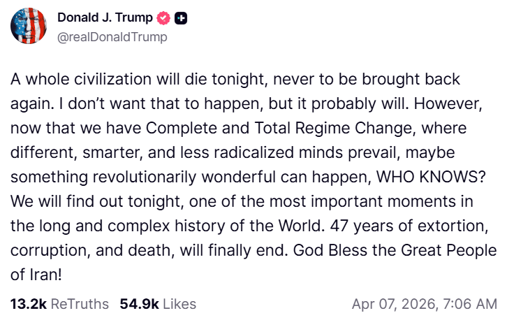 Publicación de Donald Trump en Truth Social