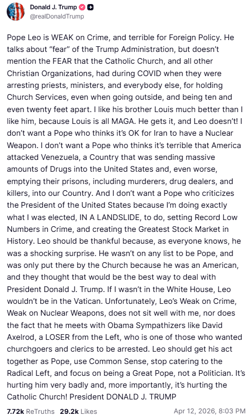 Publicación de Donald Trump contra el papa León XIV desata polémica internacional