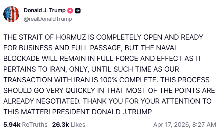 Trump celebra la reapertura de Ormuz